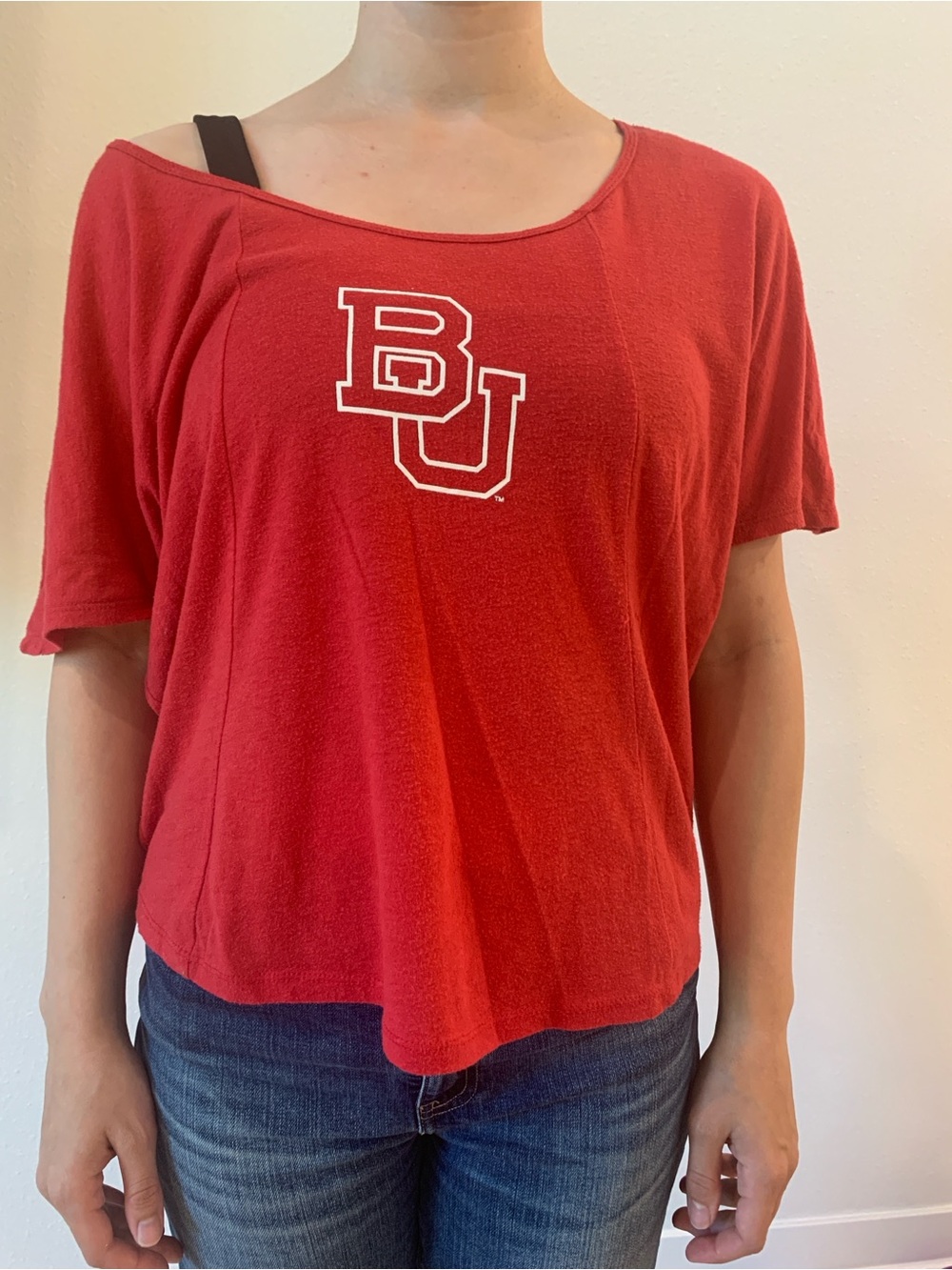 Red Short Sleeve Scoop Neck Tee with Boston University Logo